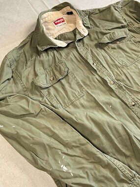 Mens Wrangler Olive Green Utility Long Sleeve Heavily Distressed Shirt (XLarge)